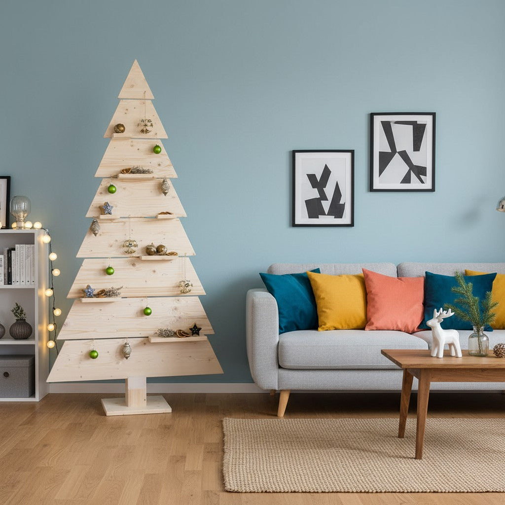 Nachhaltiger Holzweihnachtsbaum steht im Wohnzimmer, Scandic Style