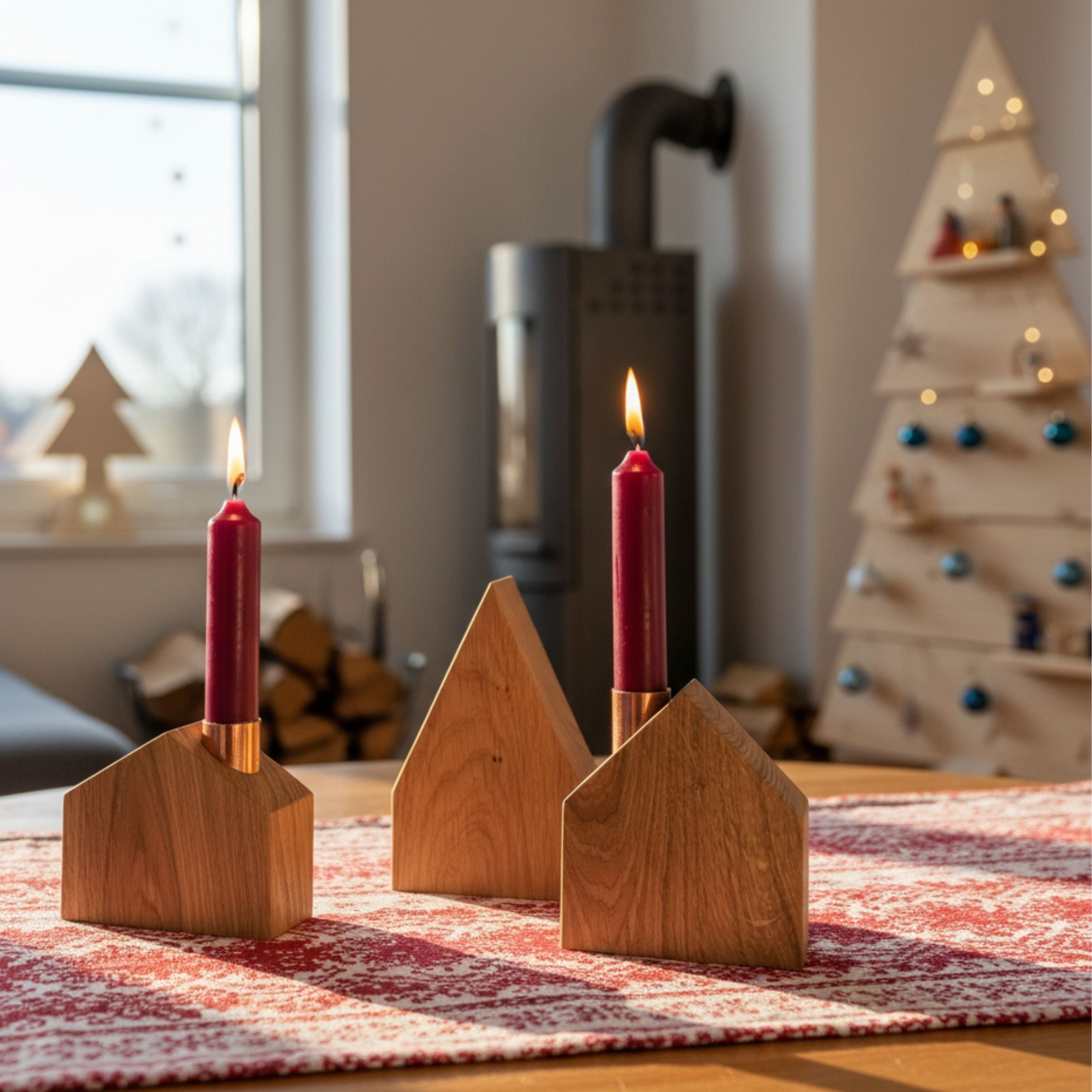 Deko-Holzhäuser aus Eiche mit Kerze oder Glasvase