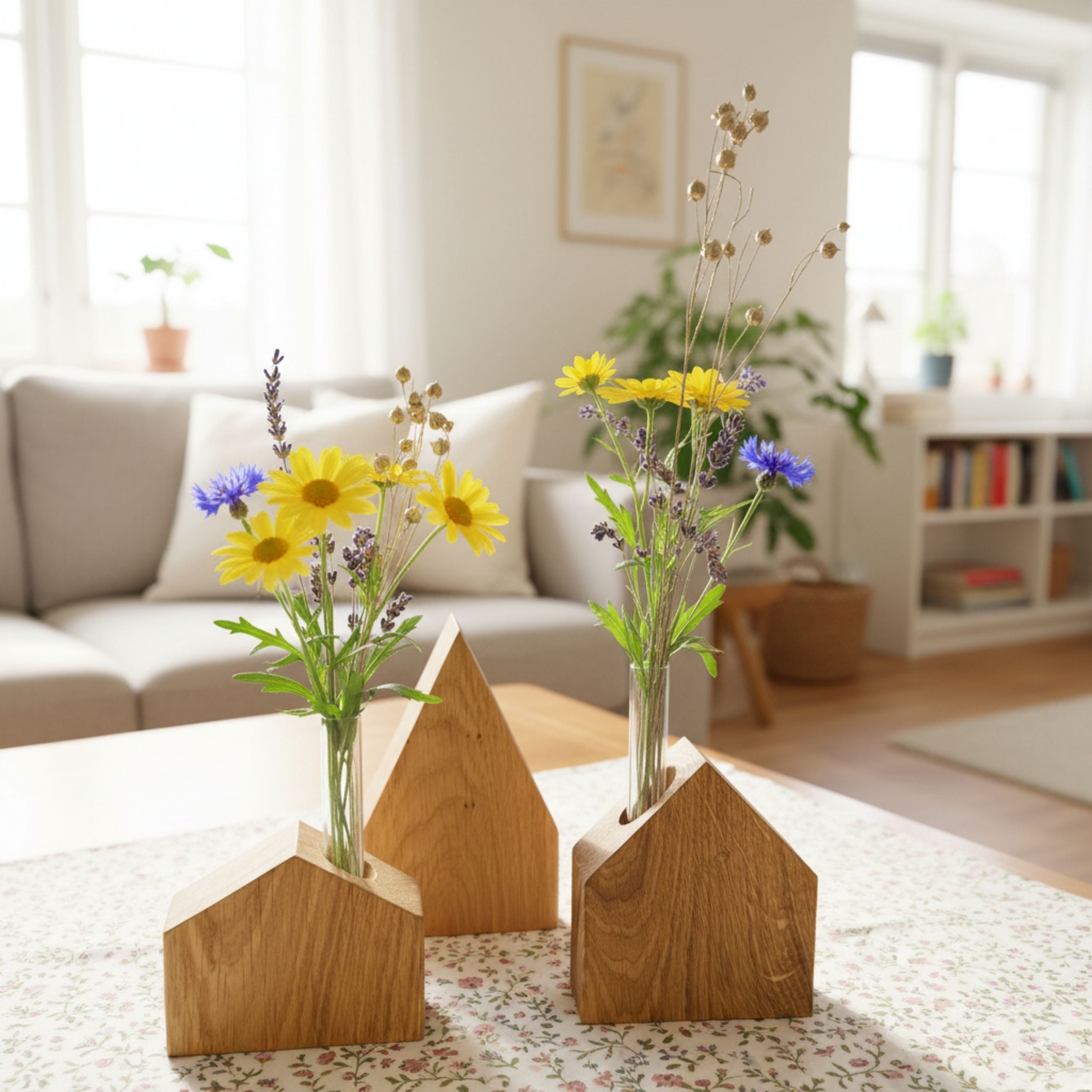 Deko-Holzhäuser aus Eiche mit Kerze oder Glasvase