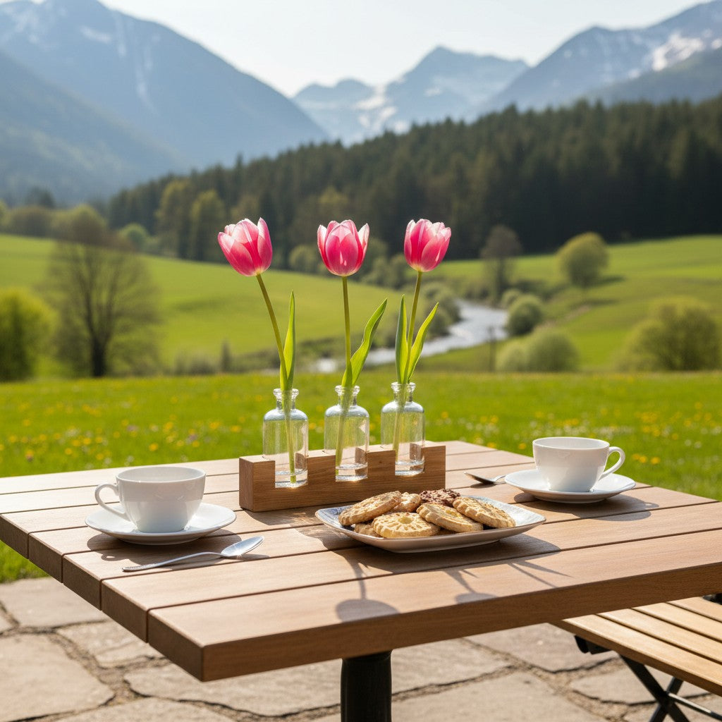 Tischvase: Eichenholzständer mit Apothekerfläschchen