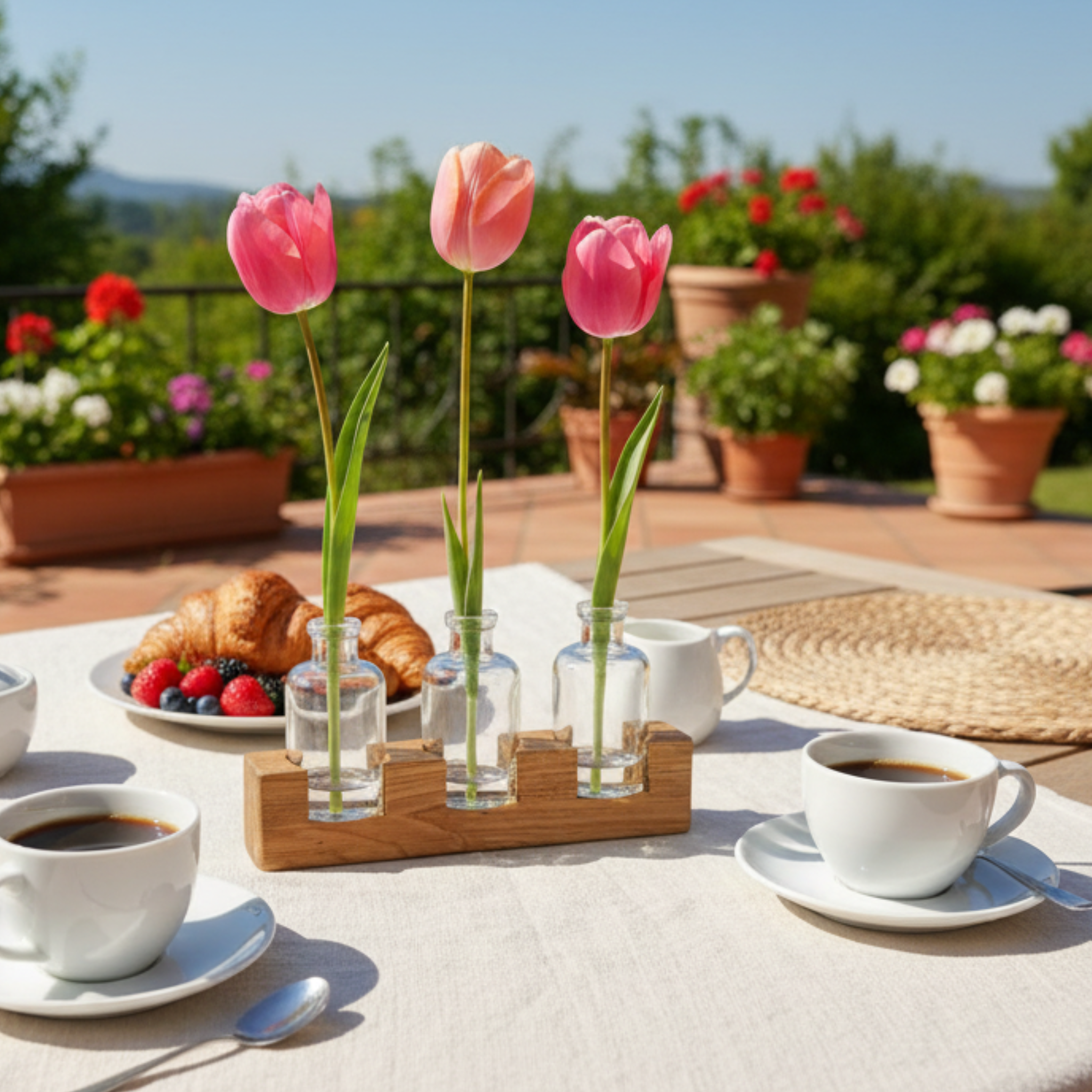 Tischvase aus Eichenholz mit Glasfläschchen – minimalistisches Wohnaccessoire