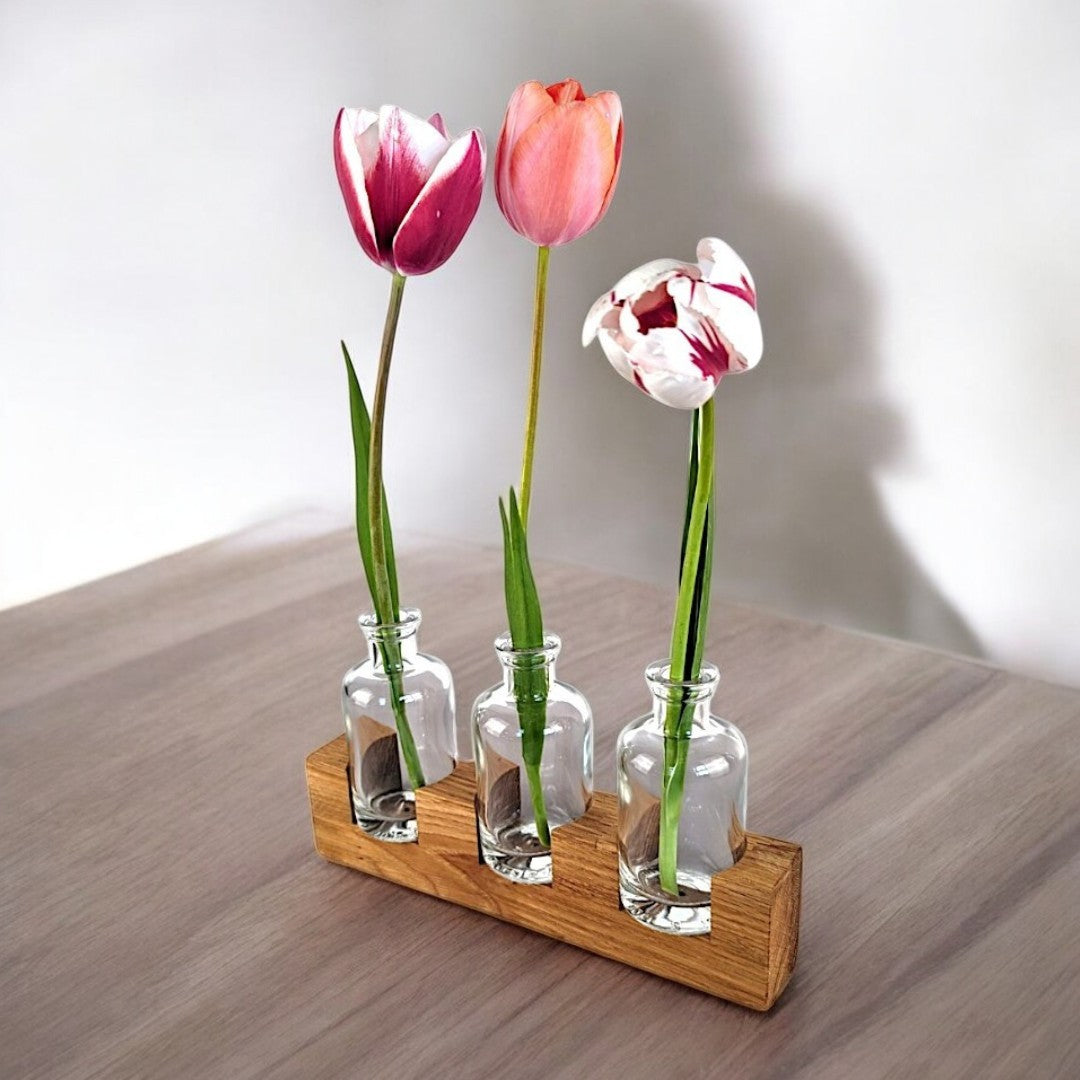 Tischvase: Eichenholzständer mit Apothekerfläschchen - Baumkrone