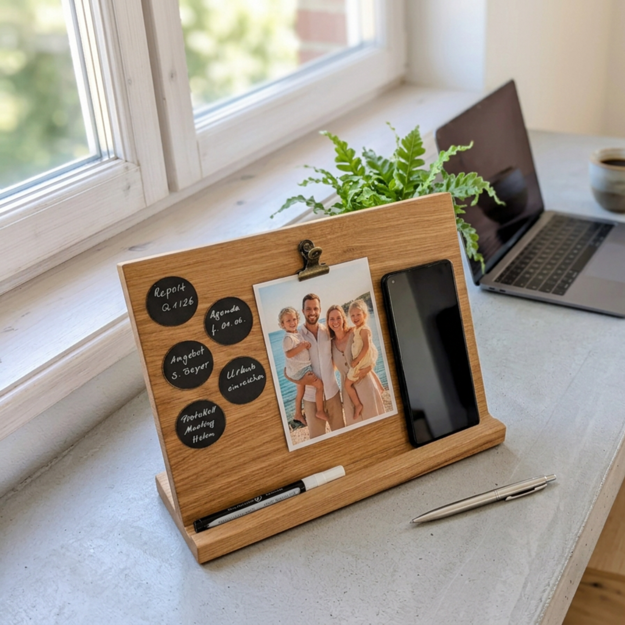 Tagesplaner aus Eiche mit beschreibbaren Holzscheiben & Handyhalter | Focus Board