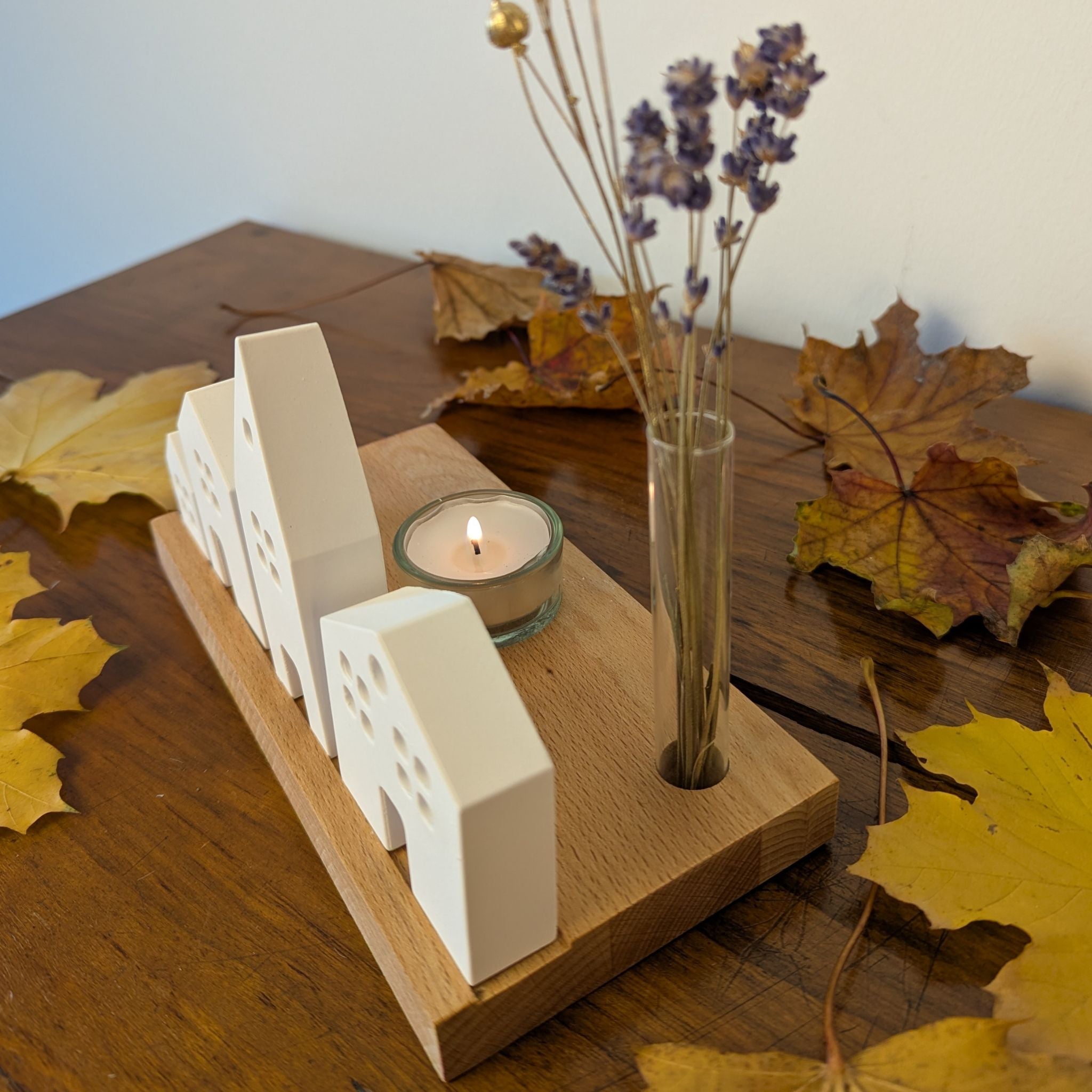Keramik Miniatur Häuschen (4er - Set) mit Holzständer - Baumkrone