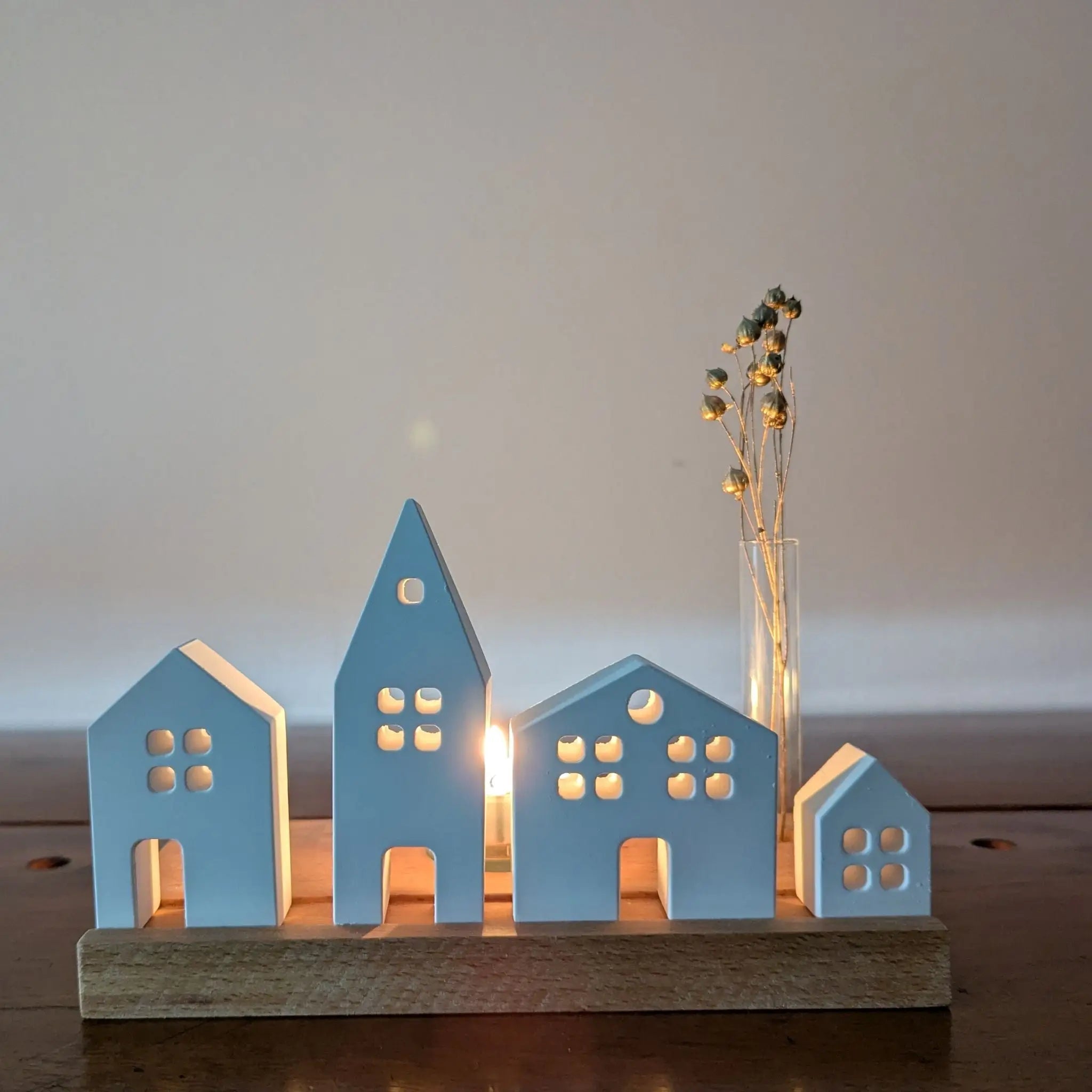 Keramik Miniatur Häuschen (4er-Set) mit Holzständer - Baumkrone