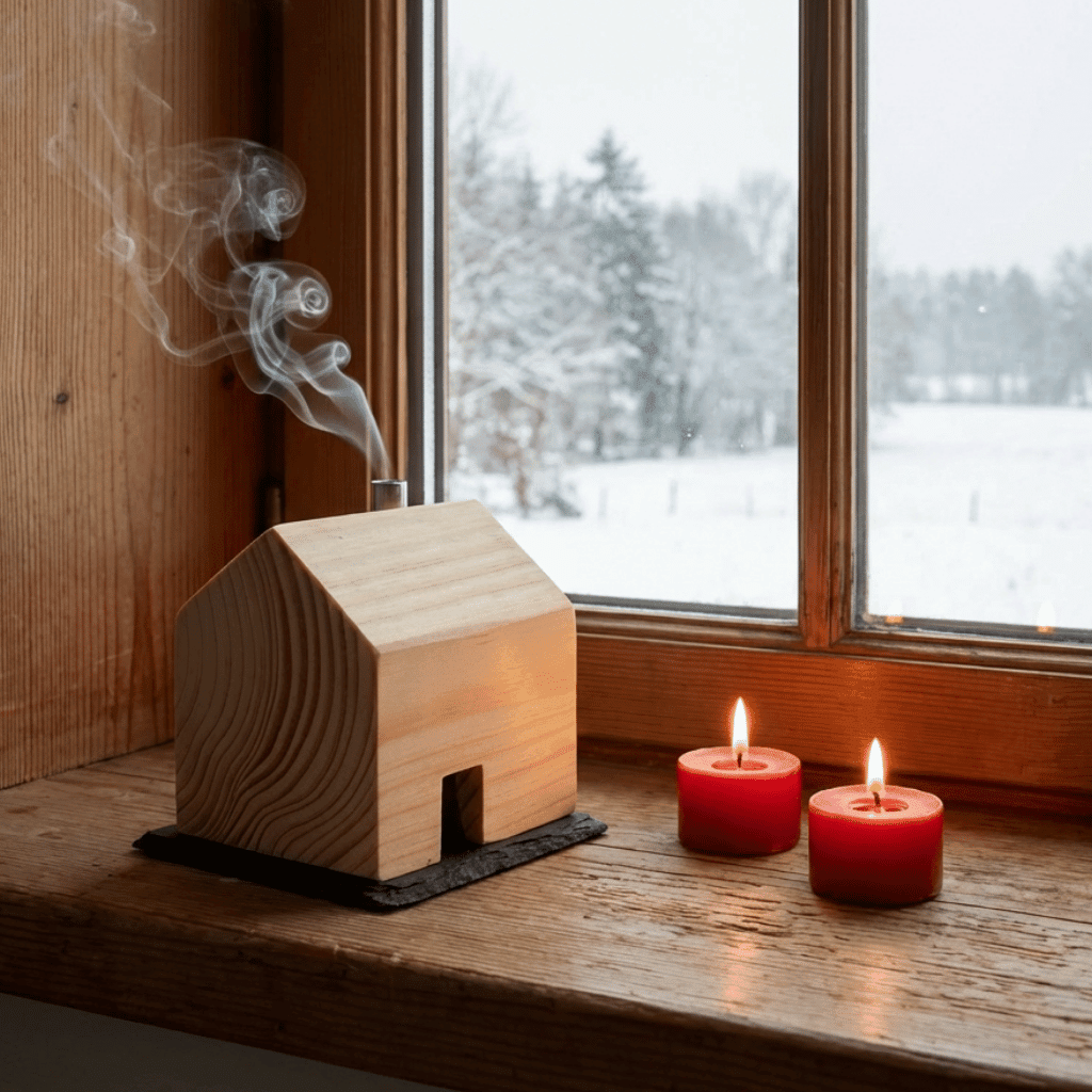 Räucherhaus aus Holz auf Schieferplatte (Eiche oder Fichte) - Baumkrone