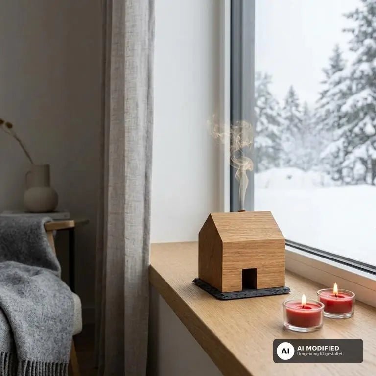 Räucherhaus aus Holz auf Schieferplatte (Eiche oder Fichte) - Baumkrone