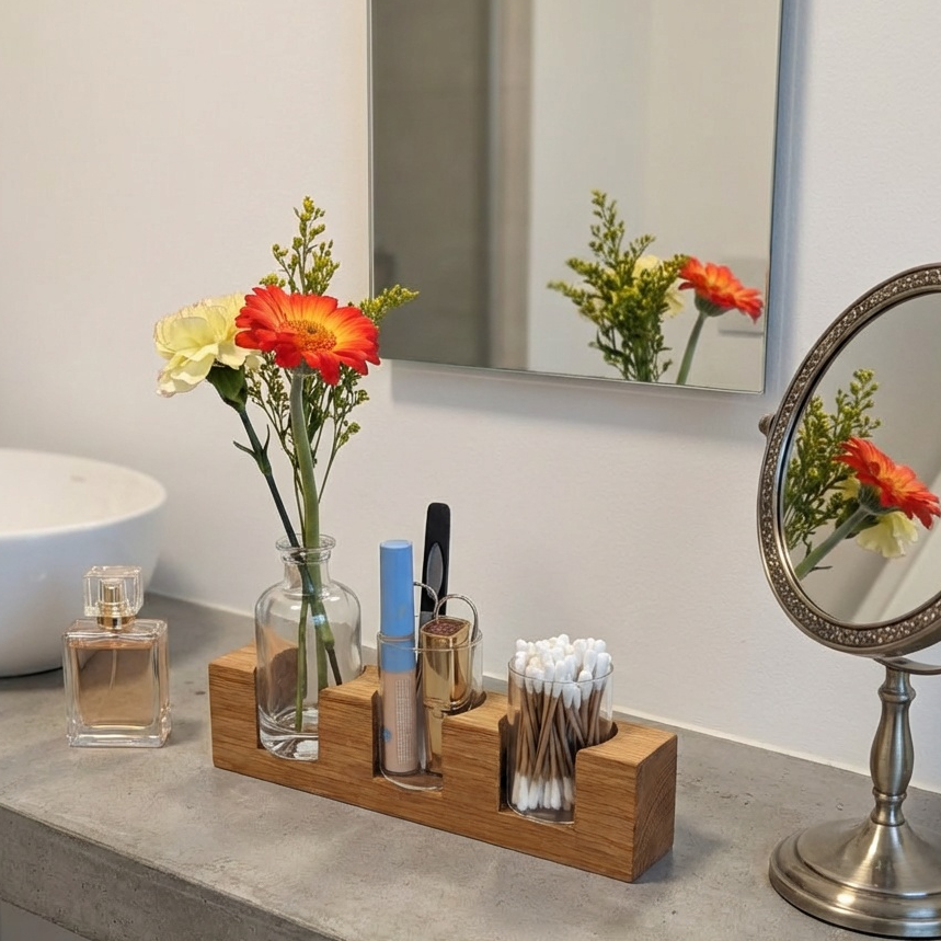 Kosmetikorganizer aus Eichenholz – Badezimmer Organizer mit Glasgefäßen & Vase