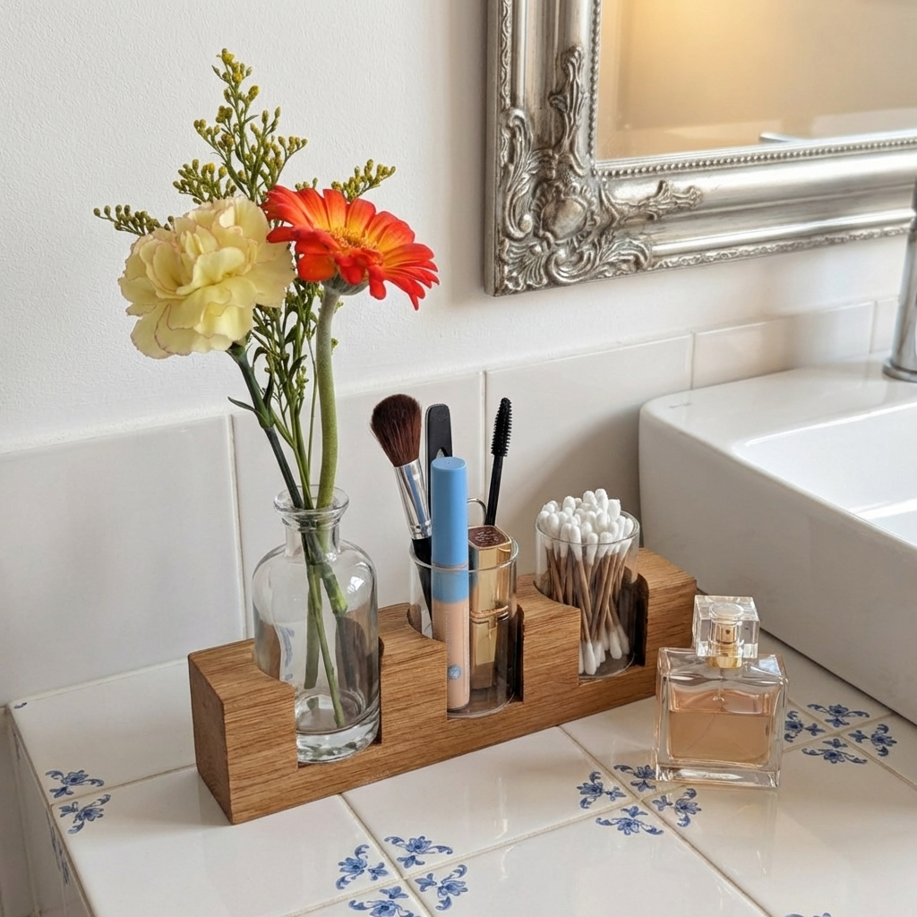 Kosmetikorganizer aus Eichenholz – Badezimmer Organizer mit Glasgefäßen & Vase