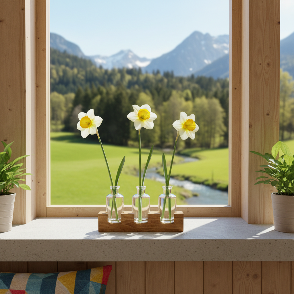 Tischvase: Eichenholzständer mit Apothekerfläschchen