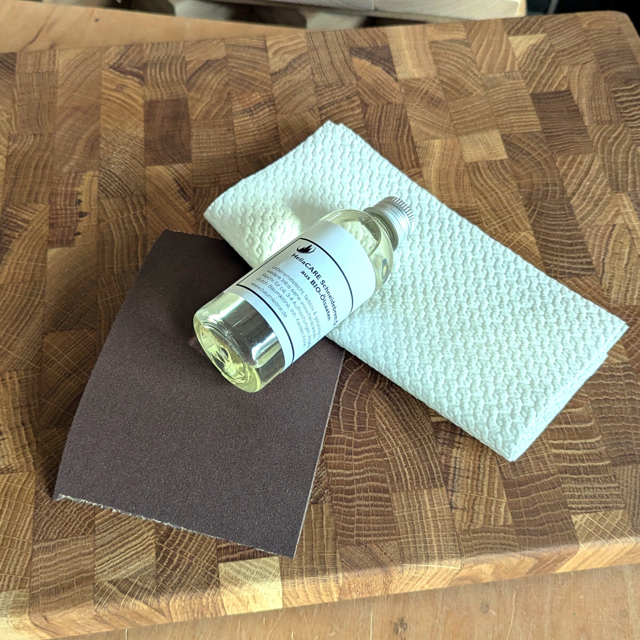 Pflegeset Schneidebretter (Öl, Lappen, Schmirgelpapier)