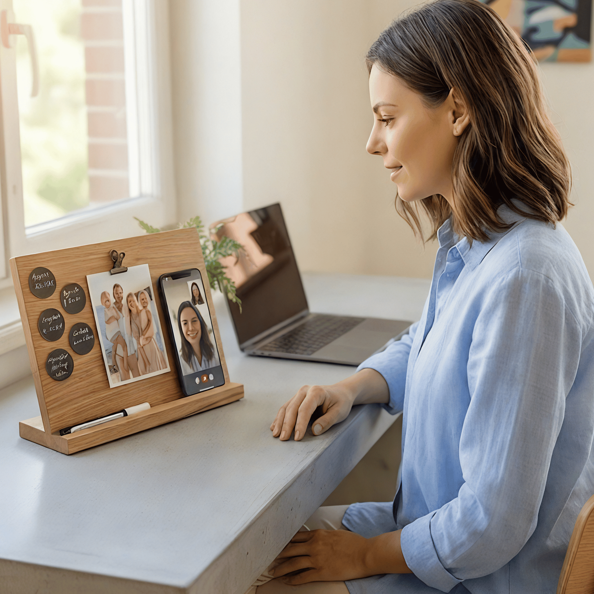 Tagesplaner aus Eiche mit beschreibbaren Holzscheiben & Handyhalter | Focus Board