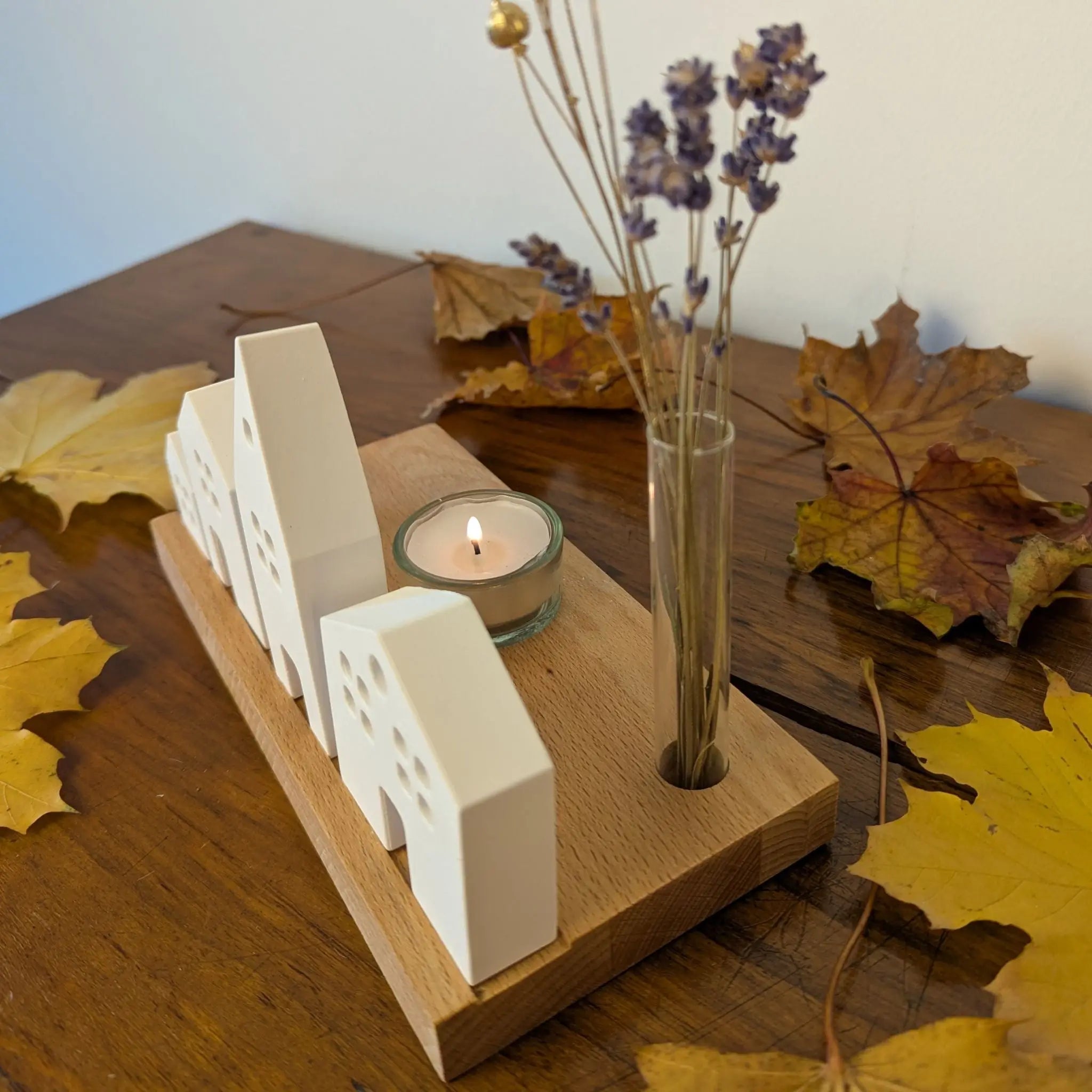 Keramik Miniatur Häuschen (4er-Set) mit Holzständer - Baumkrone