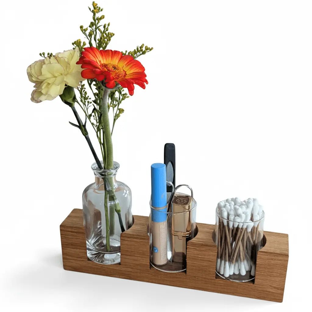 Kosmetikorganizer aus Eichenholz – Badezimmer Organizer mit Glasgefäßen & Vase - Baumkrone