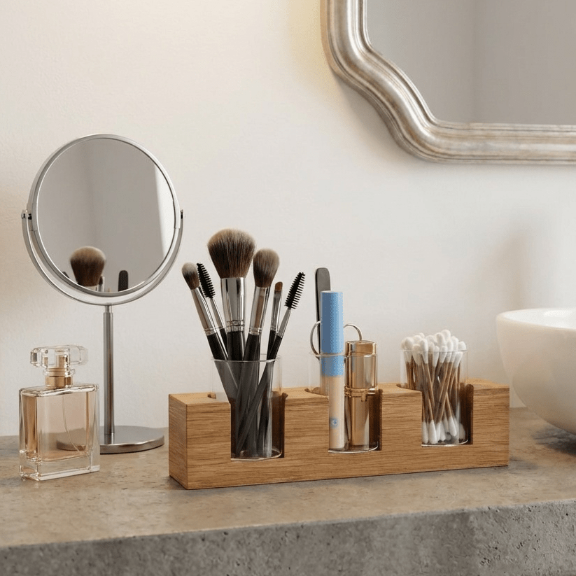 Kosmetikorganizer aus Eichenholz – Badezimmer Organizer mit Glasgefäßen & Vase - Baumkrone