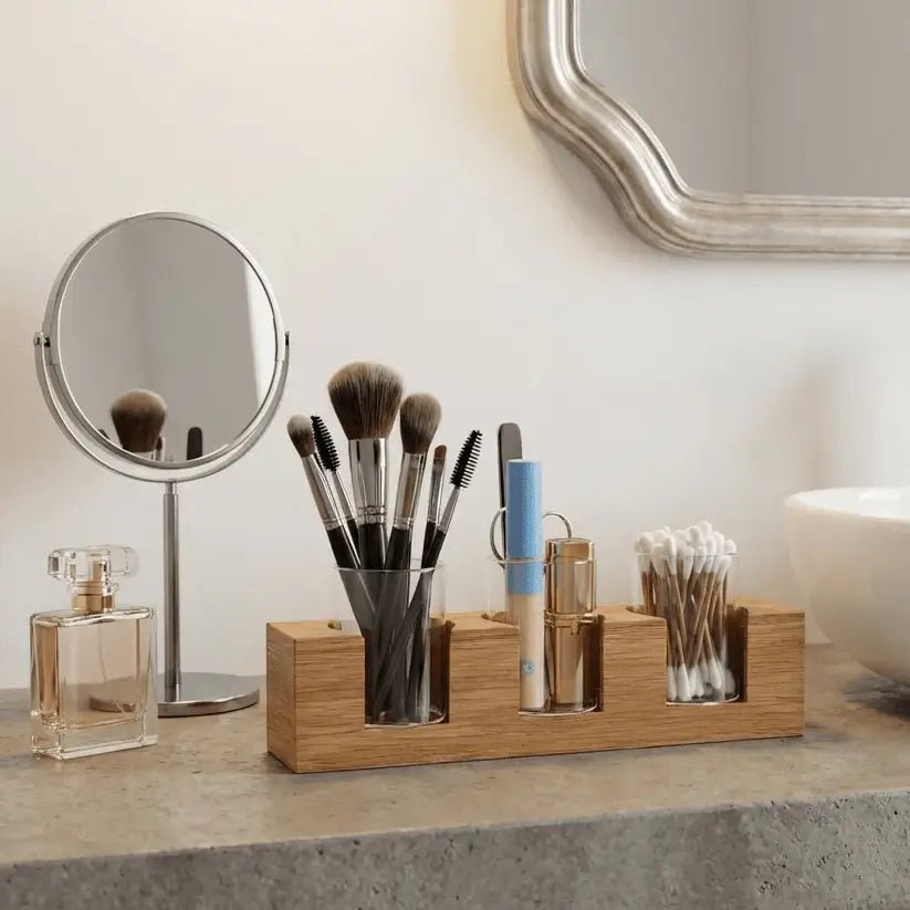 Kosmetikorganizer aus Eichenholz – Badezimmer Organizer mit Glasgefäßen & Vase - Baumkrone