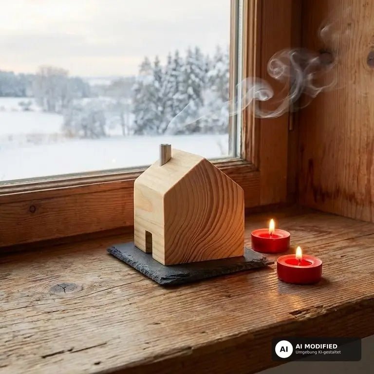 Räucherhaus aus Holz auf Schieferplatte (Eiche oder Fichte) - Baumkrone