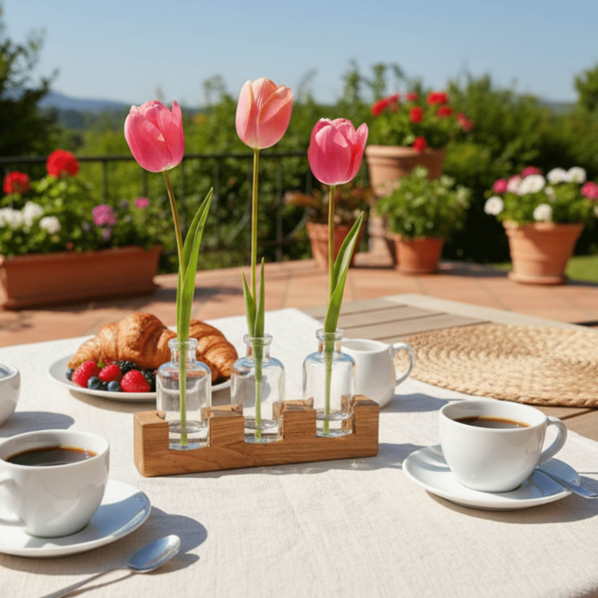 Tischvase aus Eichenholz mit Glasfläschchen – minimalistisches Wohnaccessoire - Baumkrone