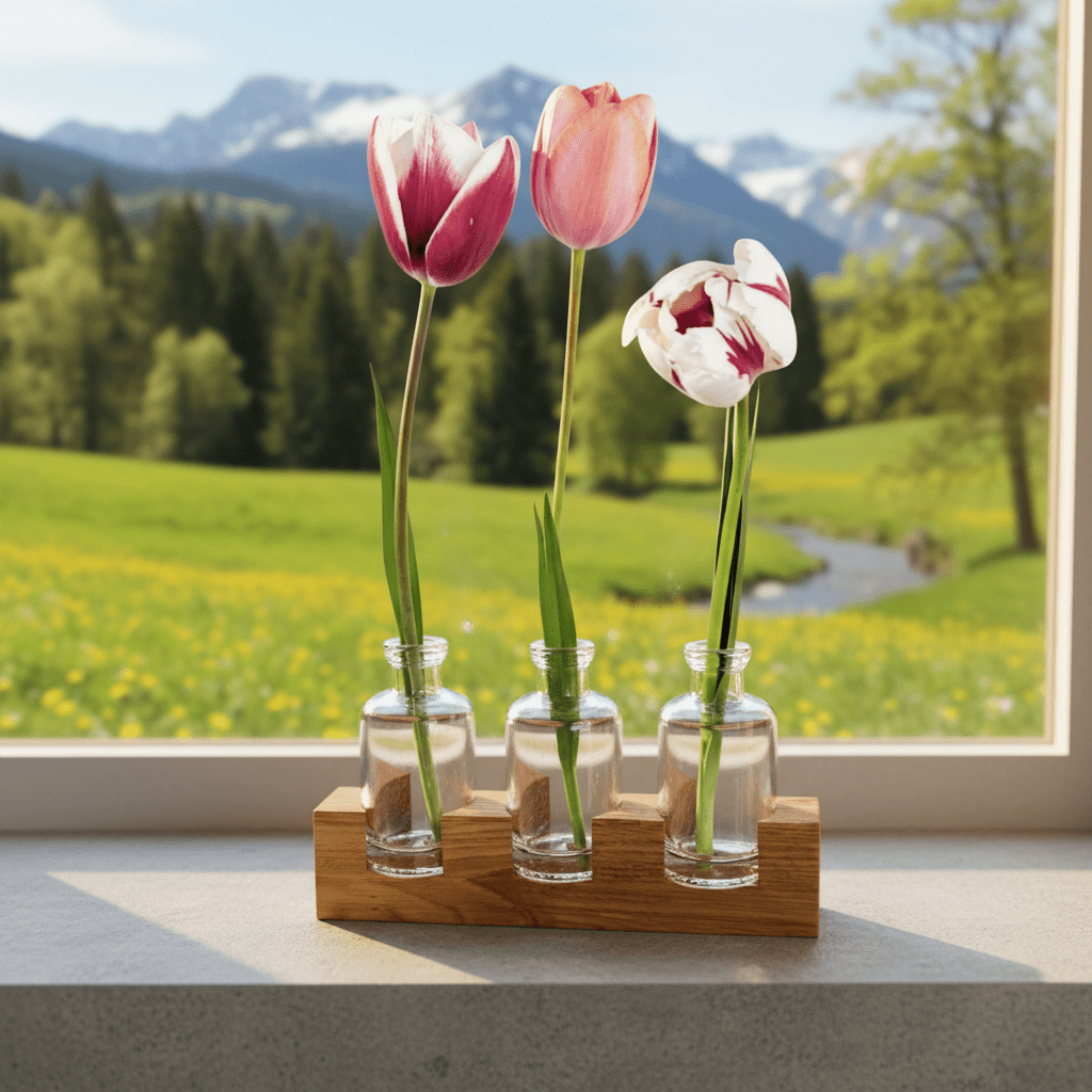Tischvase aus Eichenholz mit Glasfläschchen – minimalistisches Wohnaccessoire - Baumkrone